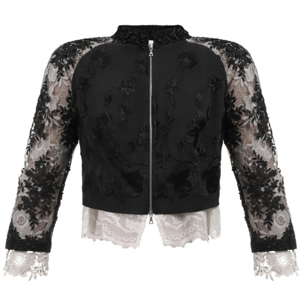 Dries Van Noten Cota Black Embroidered Silk & Lace Bomber Jacket